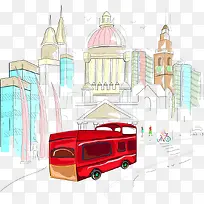 矢量红色汽车与城市插画