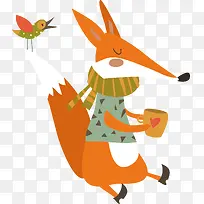森林动物狐狸与小鸟卡通插画素材