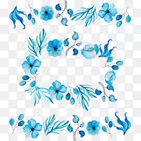 花卉设计切花花瓣蓝色叶-天空蓝色水彩图案