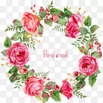 粉红色的花-美丽的彩绘玫瑰花环的边框。