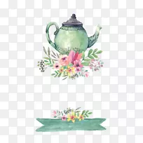 茶会婚礼邀请函新娘淋浴器素描茶壶