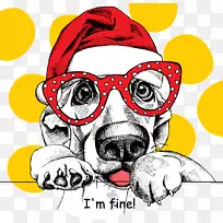 法国斗牛犬小狗圣诞老人圣诞画-黄色波尔卡圆点背景眼镜狗