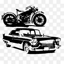 黑白手绘摩托车和汽车