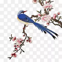 花桃树纸画-花鸟