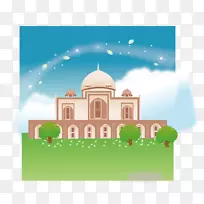 泰姬陵卡通插图-清真寺下蓝天