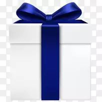 礼品盒蓝丝带-带蓝色蝴蝶结的白色礼品盒，透明的PNG剪贴画图像
