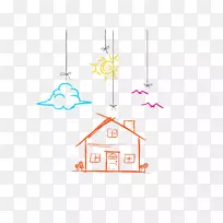绘画树屋儿童颜色线性创意云小房子