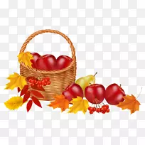 秋叶色水果剪贴画-水果篮与秋叶PNG剪贴画
