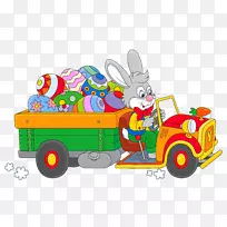 复活节兔子彩蛋装饰剪贴画-带彩蛋车的复活节兔子