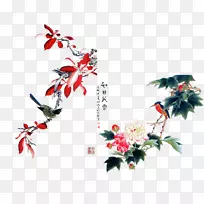 水墨画画花鸟画宫壁芙蓉花免费垫PNG形象