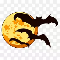 万圣节剪贴画-带蝙蝠的橙色万圣节月亮