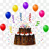 生日蛋糕纸杯蛋糕剪贴画-生日蛋糕配五彩纸屑和气球PNG剪贴画