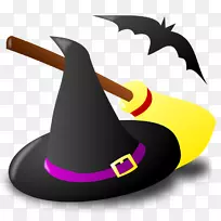 巫术剪贴画-万圣节女巫帽扫帚和蝙蝠PNG剪贴画