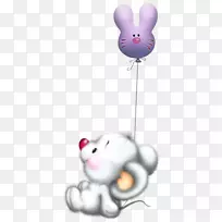 电脑鼠标动画剪辑艺术-可爱的白色鼠标与气球卡通免费剪贴画