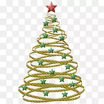 圣诞树装饰剪贴画.带绿色星星的透明金色圣诞树