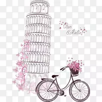 埃菲尔铁塔象征纸.比萨和自行车的手绘水彩画斜塔