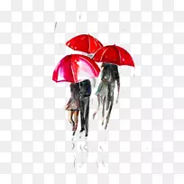 巴黎街；雨天伞水彩画插图-雨