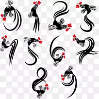 公鸡新年插画-数字0到9的影响