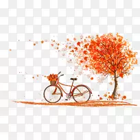 秋叶彩图-枫树下秋橙自行车