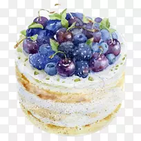 波斯科水彩画蛋糕插图-蓝莓蛋糕