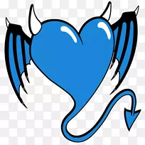 魔鬼的心征角撒旦蓝，心形，小魔鬼，手绘。