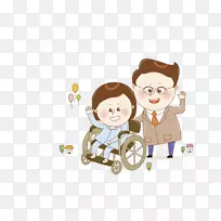 卡通插图-有人在轮椅上挥手