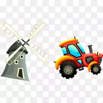 拖拉机汽车设计卡通手绘风车和拖拉机