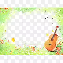 乐器水彩画吉他插图吉他和盆栽