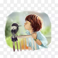 插图-小男孩亲吻鸟温暖的材料