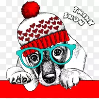 狗圣诞可爱卡通-毛茸茸的狗​​戴着帽子