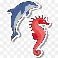 海马海豚卡通插图-可爱海豚海马