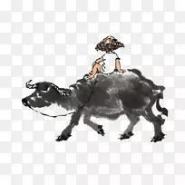 清明节沿河水墨画画骑在牛头男孩的背上。