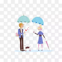 卡通雨伞划水插画-雨伞情侣