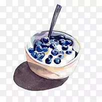 丰盛早餐椒盐卷饼水彩画插图蓝莓酸奶