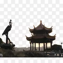 黄鹤楼武汉长江大桥武昌区雕像-黄鹤楼前吊车塑像和小亭