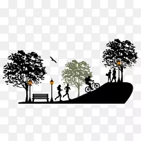 城市公园剪影-手绘剪影在公园自行车场景中奔跑
