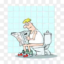 厕所卡通画插图-一个在厕所里看报纸的人