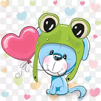 青蛙卡通可爱插图-带帽子青蛙的小狗