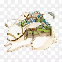 水彩画镇插图-兔子携带一个小镇