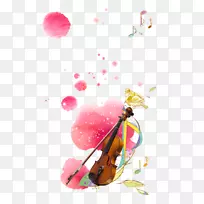 小提琴水彩画卡通.粉红墨水小提琴