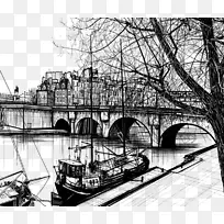 拉西西塞桥图-桥小溪船线画徒手绘画背景