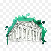 和平寺拱门水彩画插图-欧洲庙宇