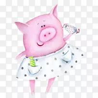 家猪水彩画插图-卡通猪