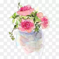 水彩画：花卉艺术家交换卡片水彩画卡通画粉红玫瑰花瓶
