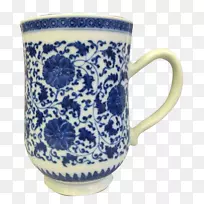 咖啡杯陶瓷蓝白色陶罐蓝白相间荷花杯