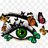 眼蝴蝶和蛾绿色插图.手绘眼睛材料