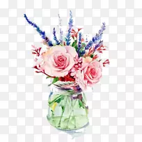 花园玫瑰花瓶花水彩画-粉红色花