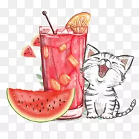 橙汁软饮料鸡尾酒猫避免挖掘手绘西瓜汁饮料
