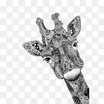 鹿长颈鹿画动物素描黑白线艺术鹿