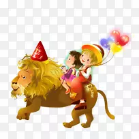 狮子卡通儿童插图-骑狮子的孩子